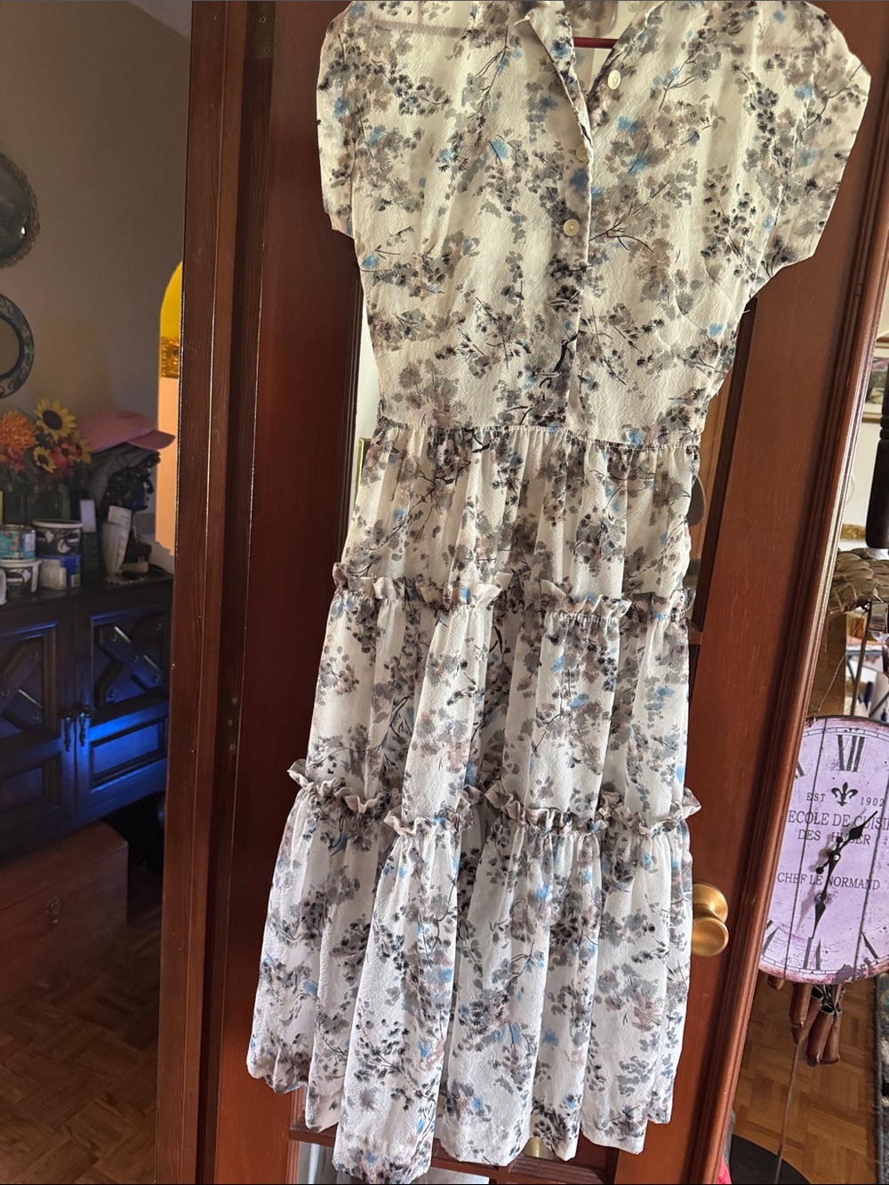 Vintage Girls Floral Tiered Cream Dress with Blue Accents